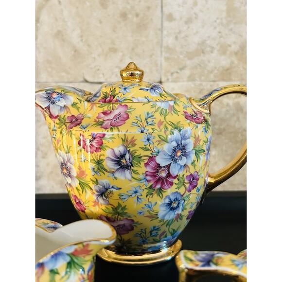 JAMES SADLER SOPHIE CHINTZ MINI COFFEE POT, CREAMER, AND SUGAR - VINTAGE/RARE - Picture 3 of 10